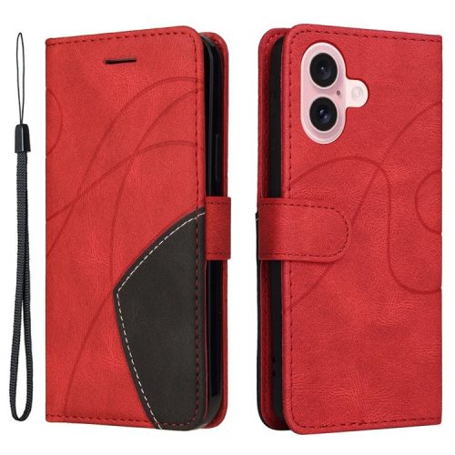 KT Leather Series-1 For iPhone 16 Case Color Splicing Wallet PU Leather Phone Cover -  Red