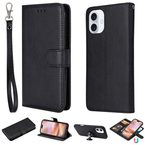 KT Leather Series-3 For iPhone 16 Case PU Leather 2 in 1 Wallet Phone Cover Magnetic Detachable - Black