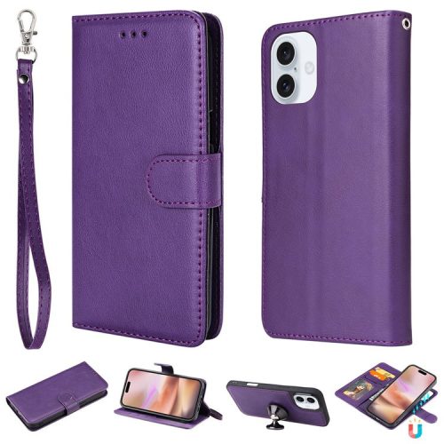 KT Leather Series-3 For iPhone 16 Case PU Leather 2 in 1 Wallet Phone Cover Magnetic Detachable - Purple