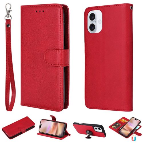 KT Leather Series-3 For iPhone 16 Case PU Leather 2 in 1 Wallet Phone Cover Magnetic Detachable - Red