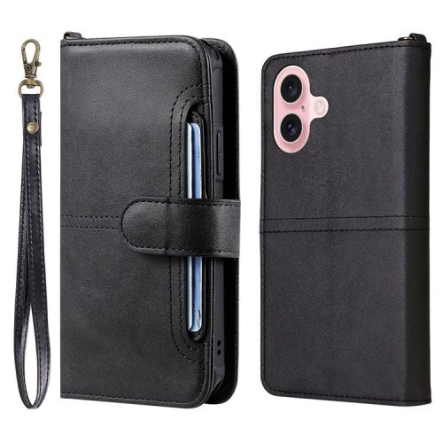 KT Leather Series-4 For iPhone 16 Case 2 in 1 Detachable Wallet Leather Phone Cover - Black