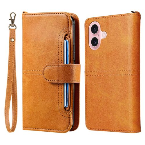 KT Leather Series-4 For iPhone 16 Case 2 in 1 Detachable Wallet Leather Phone Cover - Brown