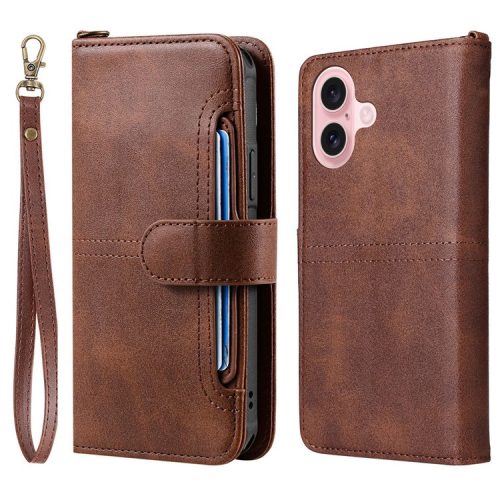 KT Leather Series-4 For iPhone 16 Case 2 in 1 Detachable Wallet Leather Phone Cover - Coffee