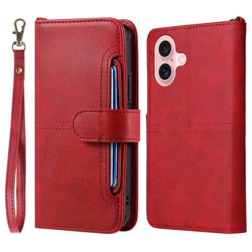 KT Leather Series-4 For iPhone 16 Case 2 in 1 Detachable Wallet Leather Phone Cover - Red