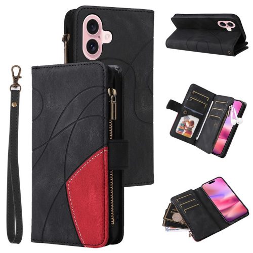 KT Multi-Function Series-5 For iPhone 16 Cover PU Leather Dual Color Splicing Wallet Cell Phone Case - Black