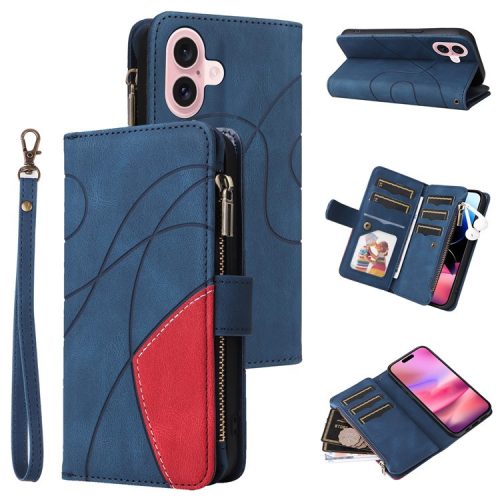 KT Multi-Function Series-5 For iPhone 16 Cover PU Leather Dual Color Splicing Wallet Cell Phone Case - Blue