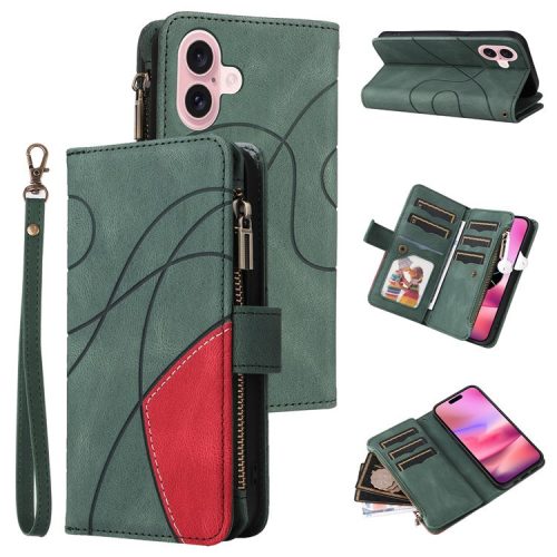 KT Multi-Function Series-5 For iPhone 16 Cover PU Leather Dual Color Splicing Wallet Cell Phone Case - Green