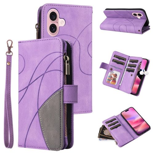 KT Multi-Function Series-5 For iPhone 16 Cover PU Leather Dual Color Splicing Wallet Cell Phone Case - Light Purple