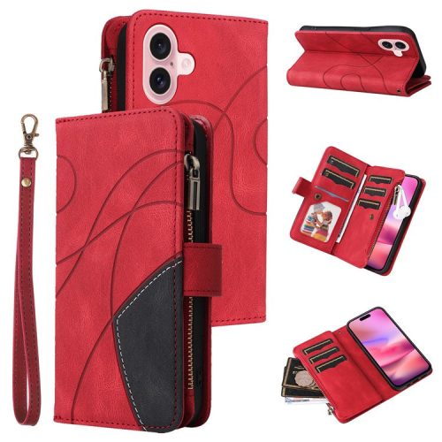 KT Multi-Function Series-5 For iPhone 16 Cover PU Leather Dual Color Splicing Wallet Cell Phone Case - Red