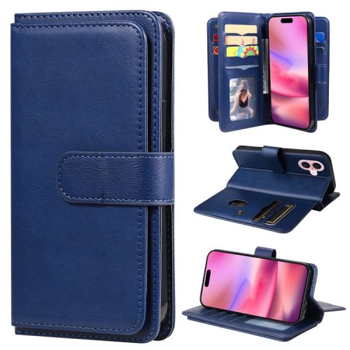 KT Multi-Functional Series-1 For iPhone 16 Case 10 Card Slots Anti-scratch Leather Phone Cover - Blue