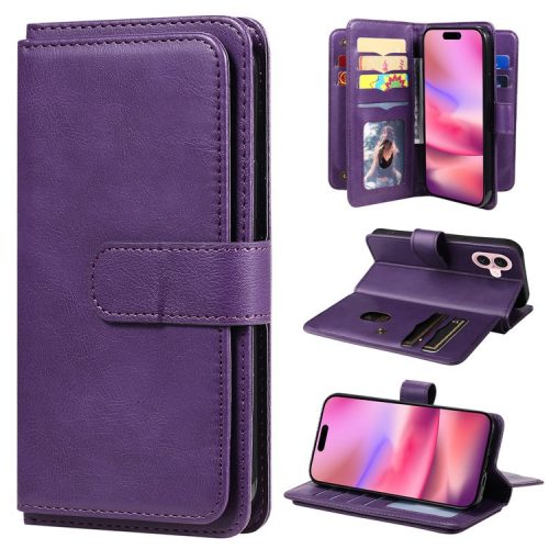 KT Multi-Functional Series-1 For iPhone 16 Case 10 Card Slots Anti-scratch Leather Phone Cover - Purple