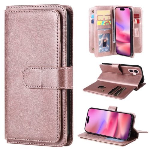 KT Multi-Functional Series-1 For iPhone 16 Case 10 Card Slots Anti-scratch Leather Phone Cover - Rose Gold