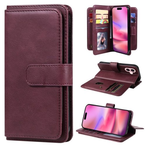 KT Multi-Functional Series-1 For iPhone 16 Case 10 Card Slots Anti-scratch Leather Phone Cover - Wine Red