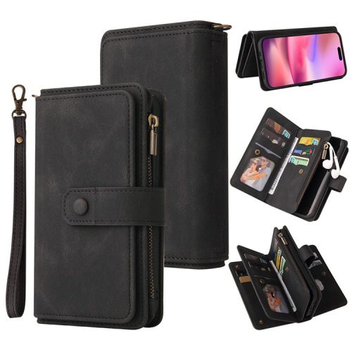 KT Multi-Functional Series-2 For iPhone 16 Case Skin-Touch Drop-Proof Leather Wallet Phone Cover - Black