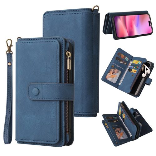 KT Multi-Functional Series-2 For iPhone 16 Case Skin-Touch Drop-proof Leather Wallet Phone Cover - Blue