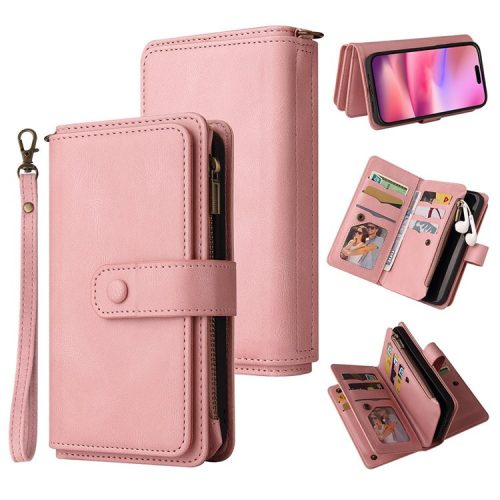 KT Multi-Functional Series-2 For iPhone 16 Case Skin-Touch Drop-proof Leather Wallet Phone Cover - Pink