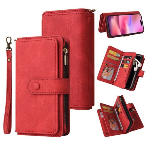 KT Multi-Functional Series-2 For iPhone 16 Case Skin-Touch Drop-proof Leather Wallet Phone Cover - Red