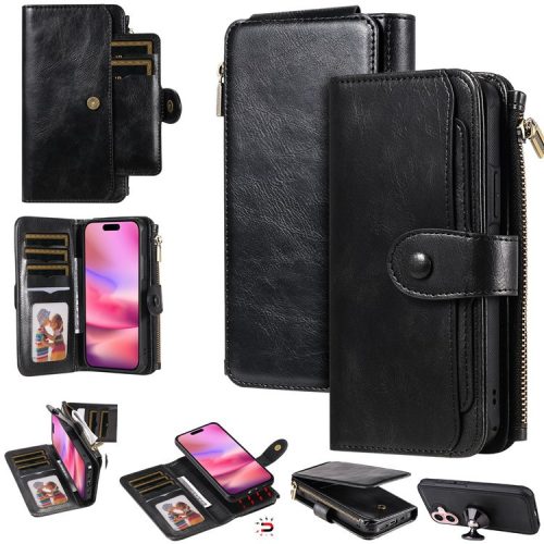 KT Multi-Functional Series-3 For iPhone 16 Phone Case PU Leather Zipper Wallet Detachable Cover - Black