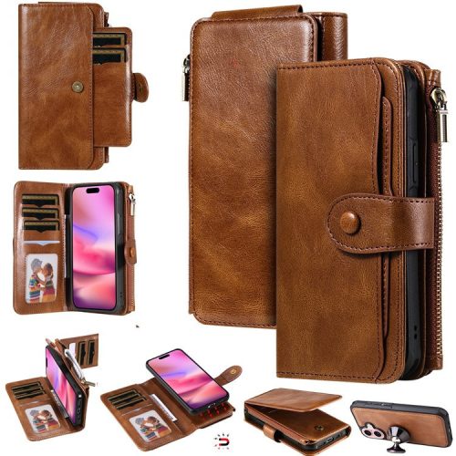 KT Multi-Functional Series-3 For iPhone 16 Phone Case PU Leather Zipper Wallet Detachable Cover - Brown