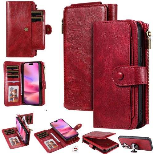 KT Multi-Functional Series-3 For iPhone 16 Phone Case PU Leather Zipper Wallet Detachable Cover - Red