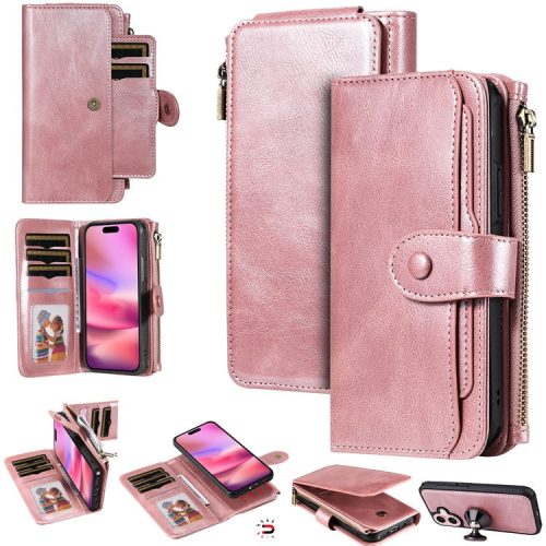 KT Multi-Functional Series-3 For iPhone 16 Phone Case PU Leather Zipper Wallet Detachable Cover - Rose Gold