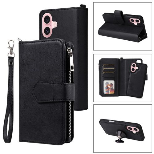 KT Multi-functional Series-4 for iPhone 16 Case Detachable PU Leather Zipper Flip Wallet Phone Cover - Black