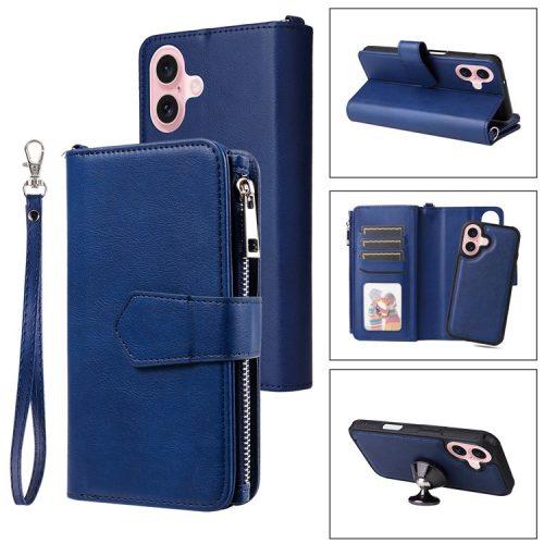 KT Multi-functional Series-4 for iPhone 16 Case Detachable PU Leather Zipper Flip Wallet Phone Cover - Blue