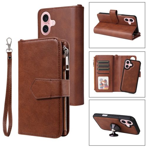 KT Multi-functional Series-4 for iPhone 16 Case Detachable PU Leather Zipper Flip Wallet Phone Cover - Brown