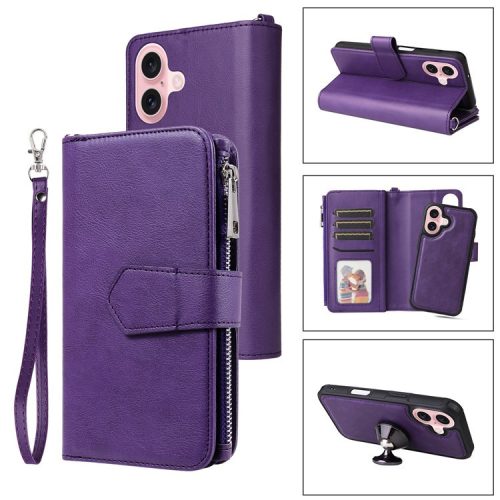 KT Multi-Functional Series-4 for iPhone 16 Case Detachable PU Leather Zipper Flip Wallet Phone Cover - Purple