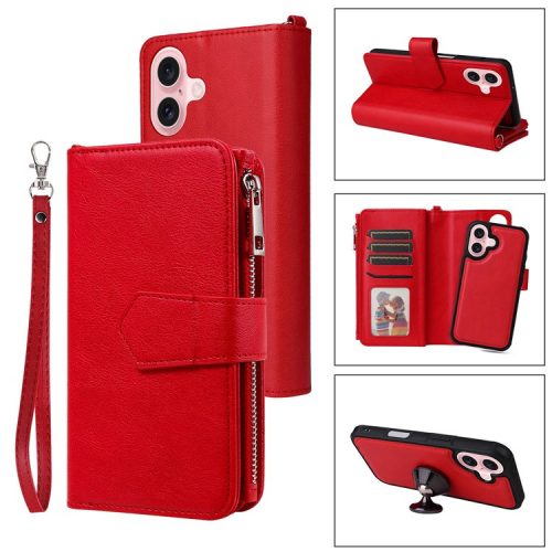 KT Multi-functional Series-4 for iPhone 16 Case Detachable PU Leather Zipper Flip Wallet Phone Cover - Red