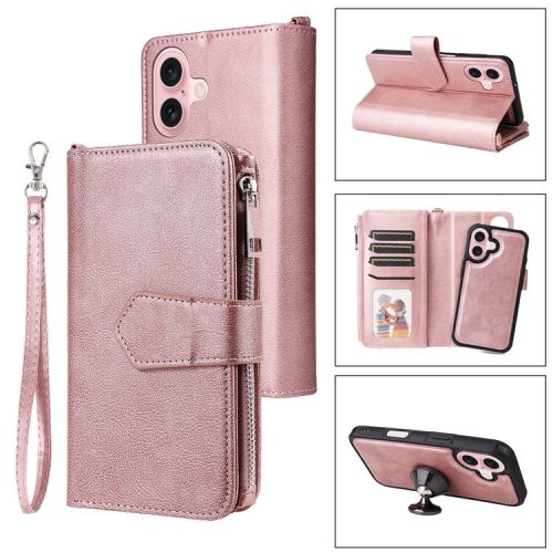 KT Multi-functional Series-4 for iPhone 16 Case Detachable PU Leather Zipper Flip Wallet Phone Cover - Rose Gold