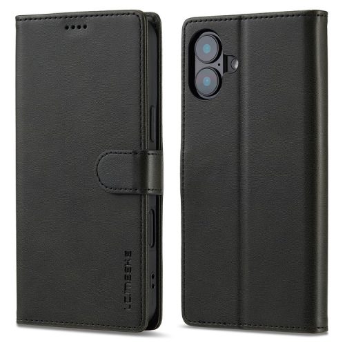 LC.IMEEKE For iPhone 16 Case Calf Texture PU Leather Stand Wallet Phone Cover - Black