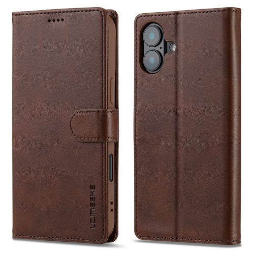 LC.IMEEKE For iPhone 16 Case Calf Texture PU Leather Stand Wallet Phone Cover - Brown