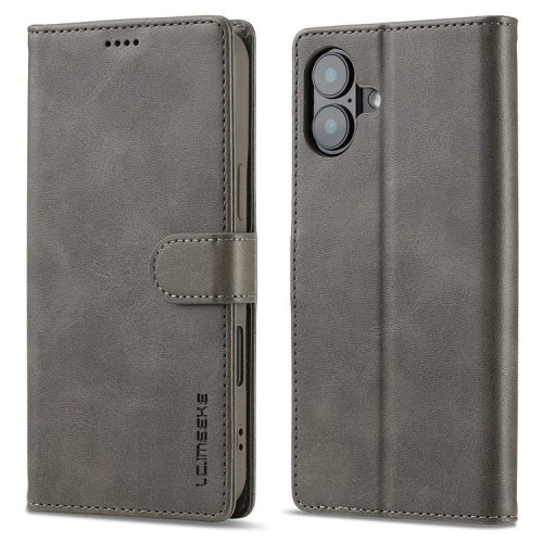 LC.IMEEKE For iPhone 16 Case Calf Texture PU Leather Stand Wallet Phone Cover - Grey