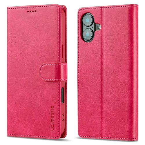 LC.IMEEKE For iPhone 16 Case Calf Texture PU Leather Stand Wallet Phone Cover - Rose