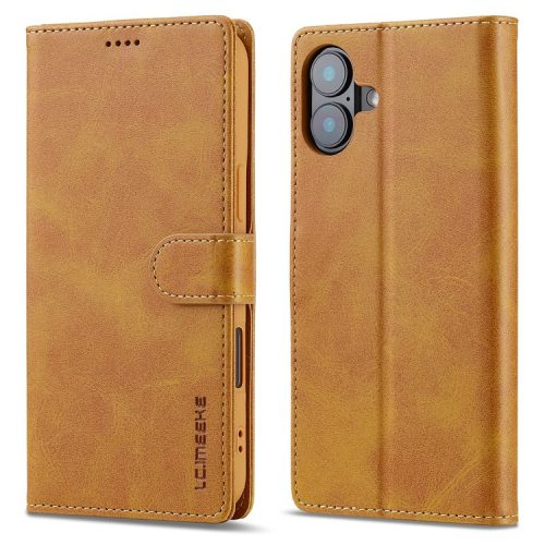 LC.IMEEKE For iPhone 16 Case Calf Texture PU Leather Stand Wallet Phone Cover - Yellow