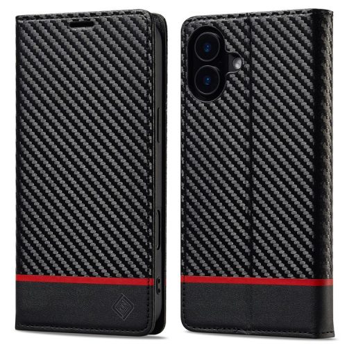 LC.IMEEKE For iPhone 16 Case Carbon Fiber Texture Phone Cover Stand Card Holder - Horizontal Stripe