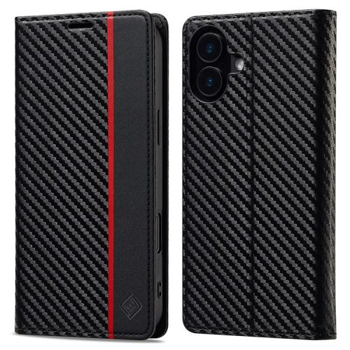 LC.IMEEKE For iPhone 16 Case Carbon Fiber Texture Phone Cover Stand Card Holder - Vertical Stripe