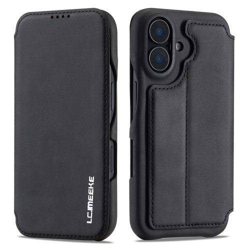 LC.IMEEKE For iPhone 16 Case Card Holder Stand Leather Phone Cover - Black