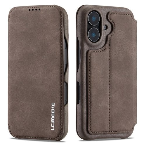 LC.IMEEKE For iPhone 16 Case Card Holder Stand Leather Phone Cover - Coffee