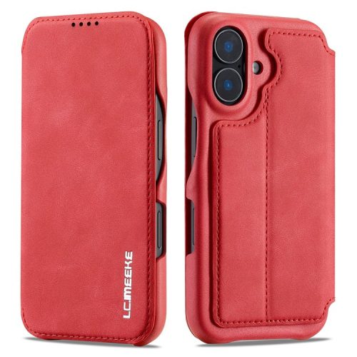 LC.IMEEKE For iPhone 16 Case Card Holder Stand Leather Phone Cover - Red