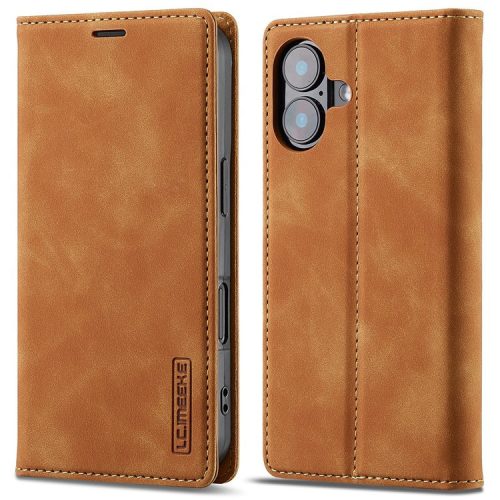 LC.IMEEKE For iPhone 16 Case Wallet Microfiber Leather Phone Cover - Brown