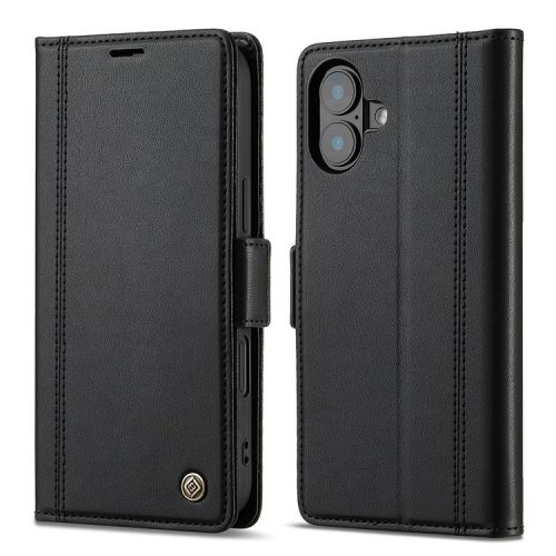 LC.IMEEKE For iPhone 16 Leather Case Imprint Lines Phone Cover Wallet Stand - Black