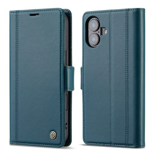 LC.IMEEKE For iPhone 16 Leather Case Imprint Lines Phone Cover Wallet Stand - Blue