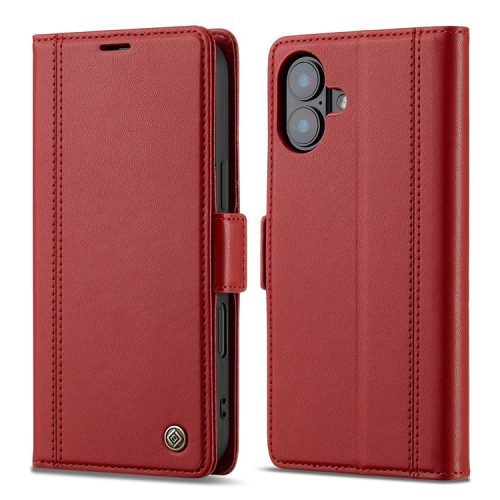 LC.IMEEKE For iPhone 16 Leather Case Imprint Lines Phone Cover Wallet Stand - Red