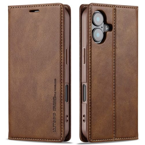 LC.IMEEKE For iPhone 16 Leather Case RFID Blocking Card Slots Phone Cover - Brown