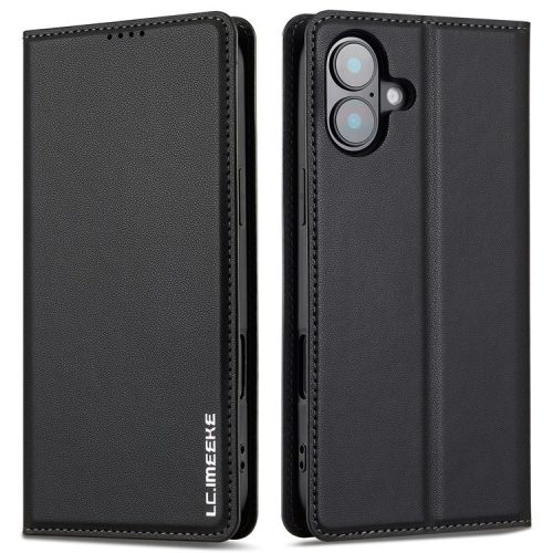 LC.IMEEKE L1 Series for iPhone 16 Case PU Leather Wallet Stand Protective Phone Cover - Black