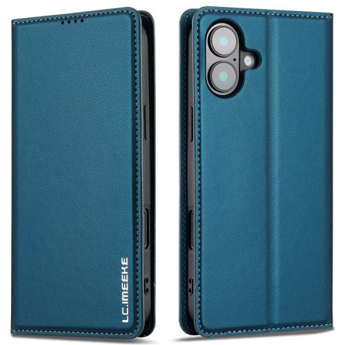 LC.IMEEKE L1 Series for iPhone 16 Case PU Leather Wallet Stand Protective Phone Cover - Blue