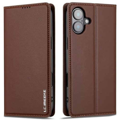 LC.IMEEKE L1 Series for iPhone 16 Case PU Leather Wallet Stand Protective Phone Cover - Brown