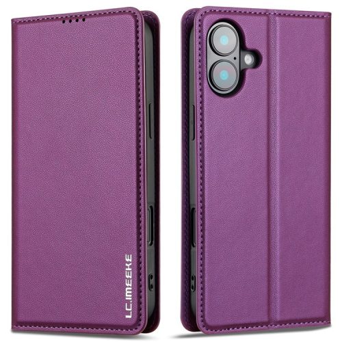 LC.IMEEKE L1 Series for iPhone 16 Case PU Leather Wallet Stand Protective Phone Cover - Purple